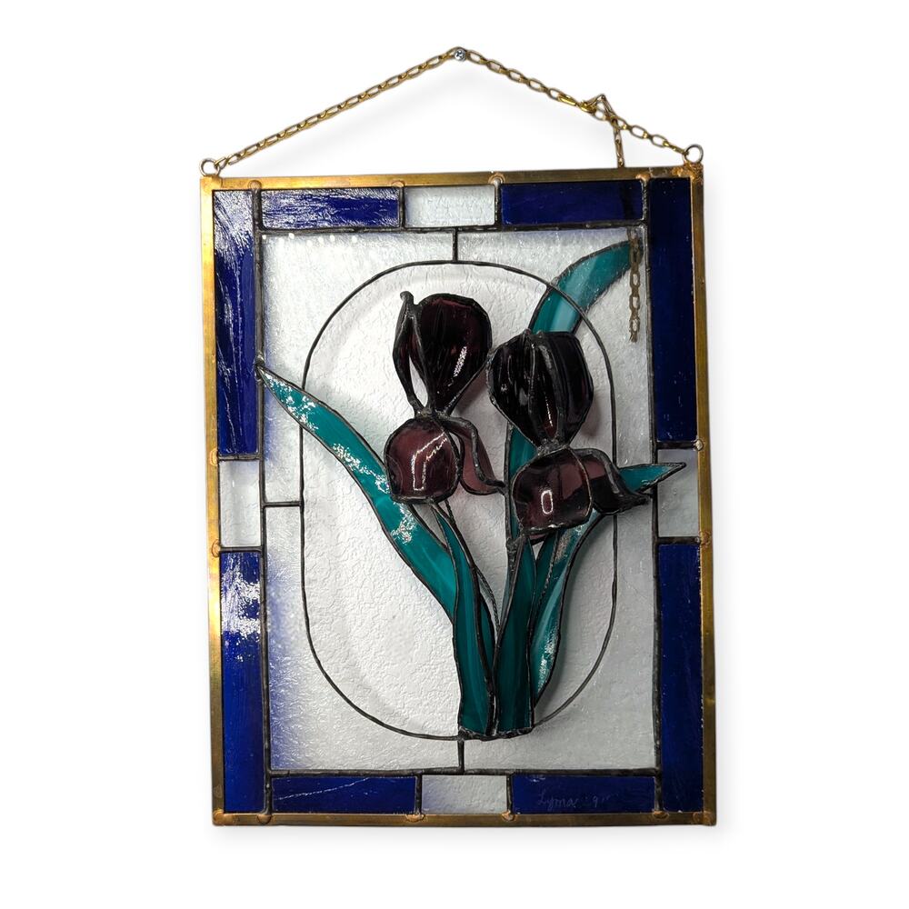 Unique 3D Iris Blooms Stained Glass Hanging Panel ~ Artisan Made